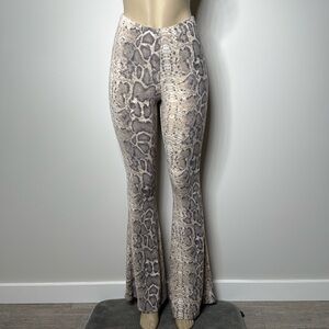 AKIRA Snake Print Boot Cut Pants in Beige and Gray